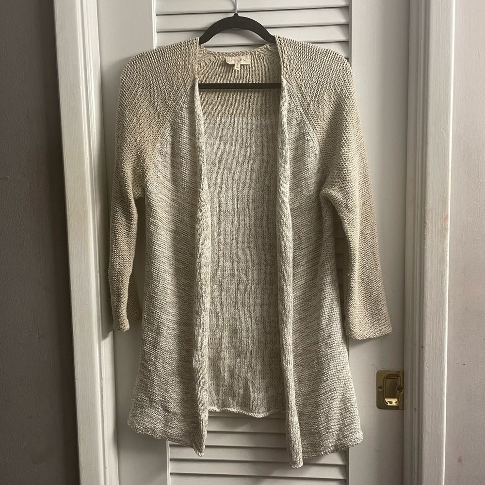 Project Open Draped Cardigan in a Beige Ombre, 3/4 Sleeves, Ribbon Weave Size S